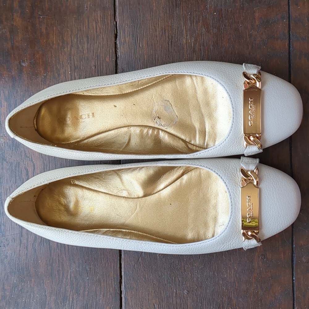Coach White Flats with Gold Accents*